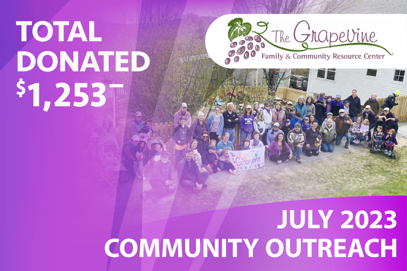 Graphic promoting our July 2023 Community Outreach benefactor - The Grapevine.