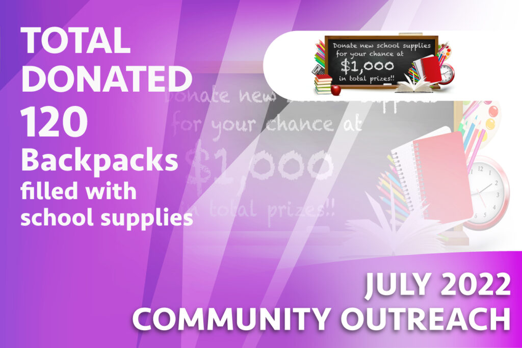 Graphic promoting our July 2022 Community Outreach school supply drive.