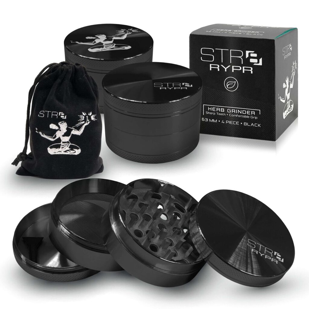 Cannabis grinder from STR8™ RYPR in black showing the different sections of the grinder and the contents of the purchased package.