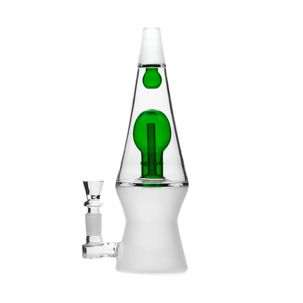 A white and green lava lamp style glass pipe for cannabis.