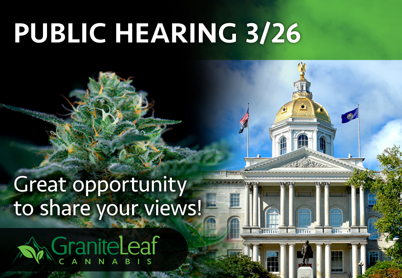A public hearing on an amendment to HB 1633 (the legalization bill) is scheduled for Tuesday, March 26.