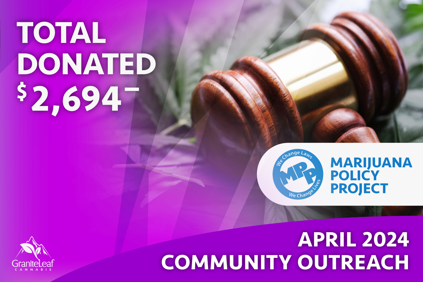 Total donation of $2,694.00 to Marijuana Policy Project during our April Community Outreach