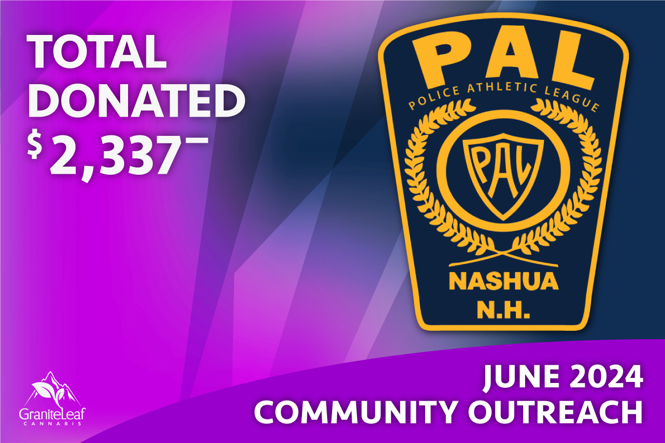 Total donation of $2,337.00 to Nashua PAL (Police Athletic League) during our June Community Outreach