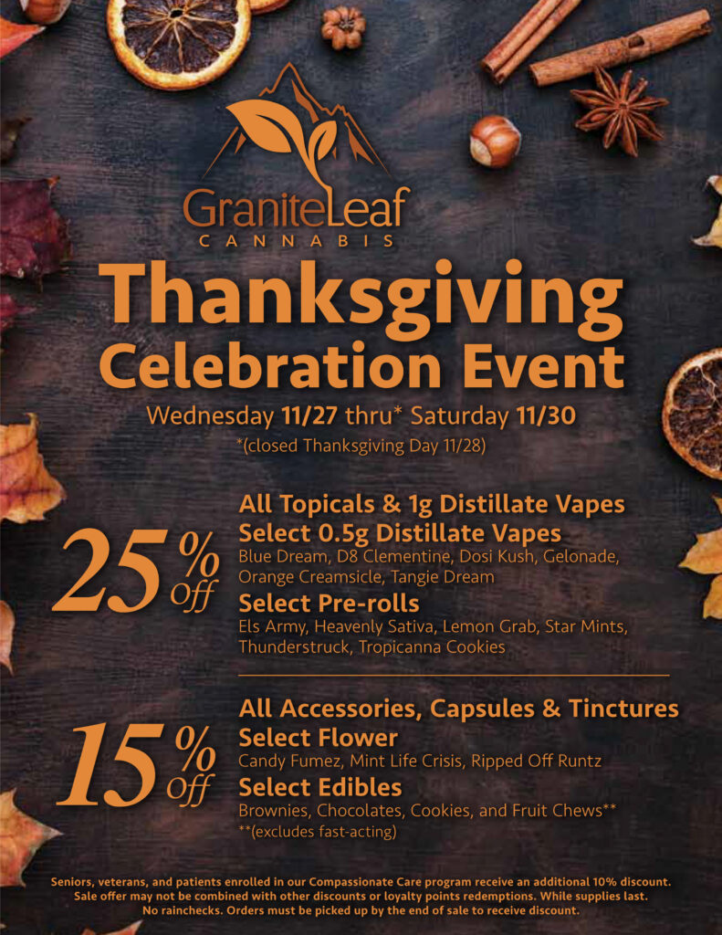 Thanksgiving Sale flyer 2024 GraniteLeaf Cannabis