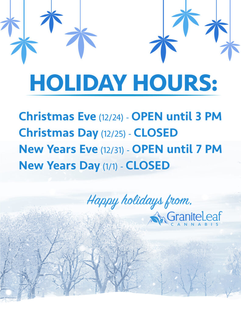 Holiday Hours Graphic
Open until 3pm on Christmas Eve
Closed Christmas Day
Closed New Years Day