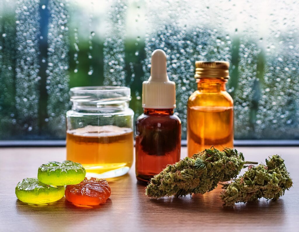 Variety of cannabis products on a table with a rainy window in the background