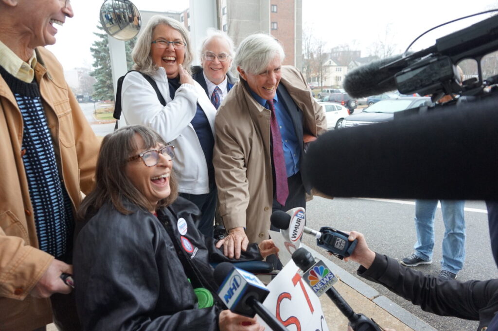 Linda Horan and Paul Twomey address the media following oral arguments in Merrimack County Superior Court