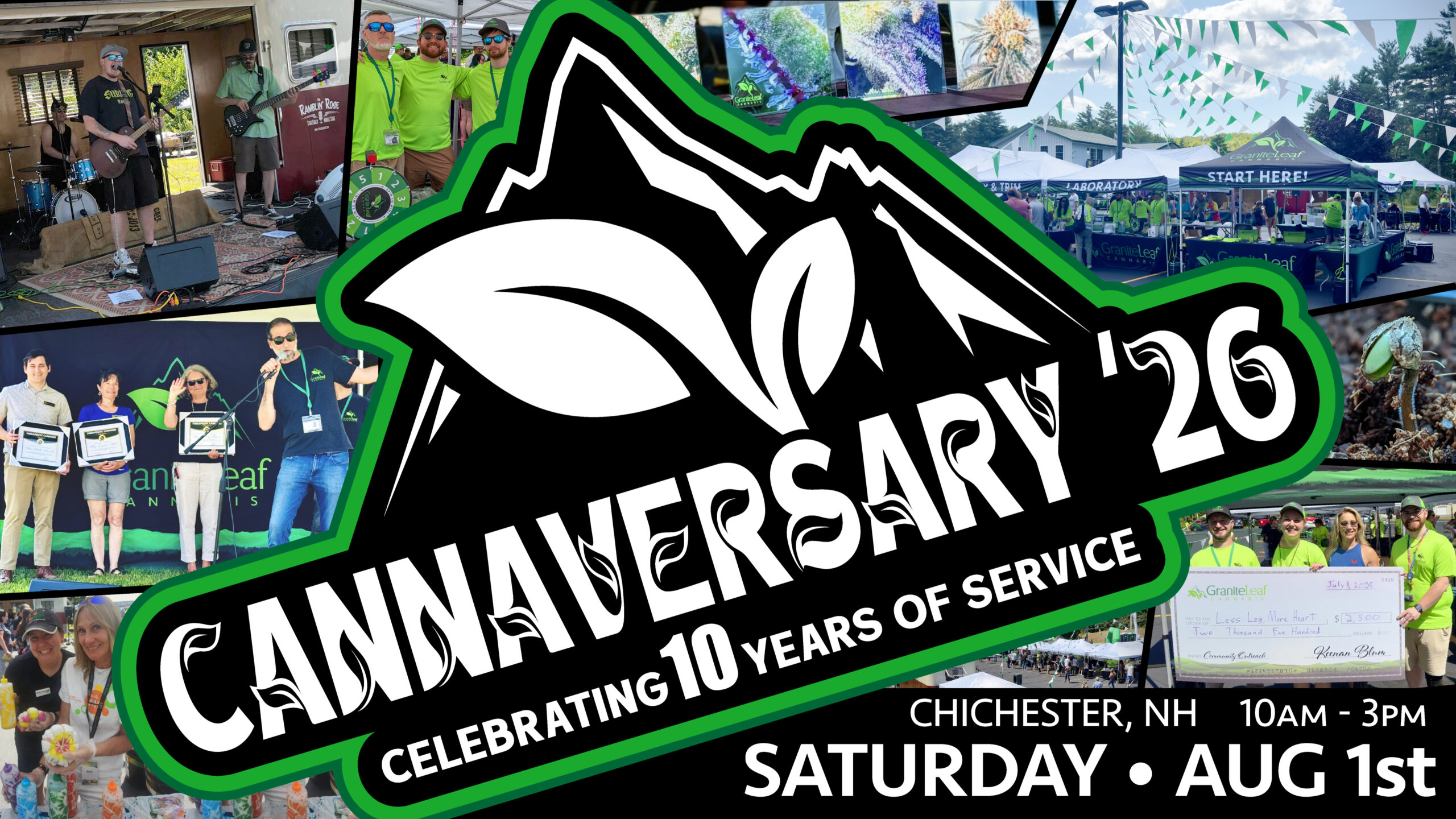 Digital graphic promoting Cannaversary '26. Shows event logo surrounded by images from past events including live music, a tie-dye station, legislators receiving awards, tents and decorations.